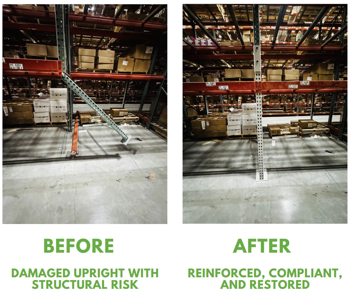 Pallet rack damage assessed by a RackRepair.com technician